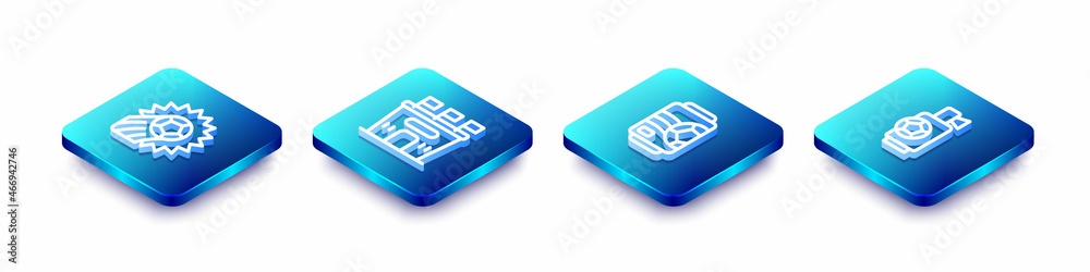 Set Isometric line Soccer football ball, Football stadium, Beer can and Air horn icon. Vector Set Isometric line Soccer football ball, Football stadium, Beer can and Air horn icon. Vector