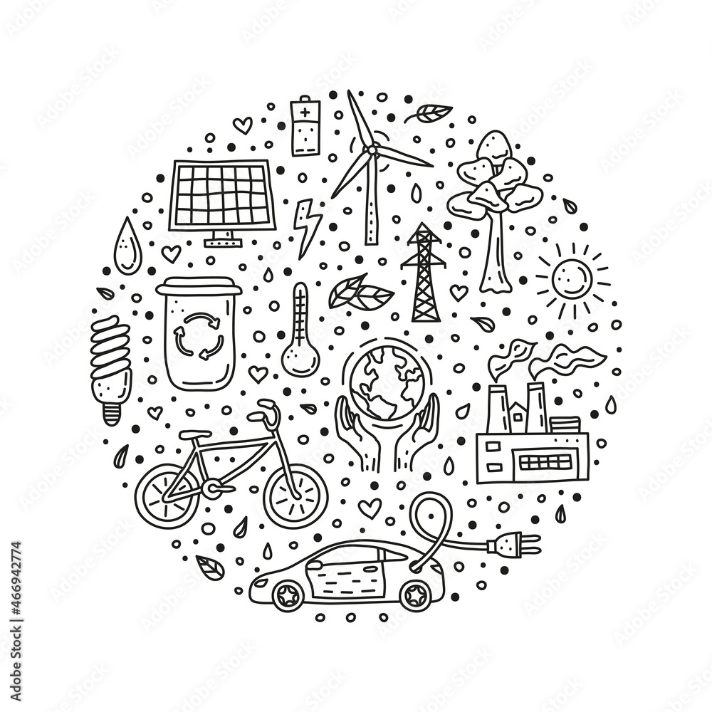 Obraz premium Doodle ecology and environment icons in circle.