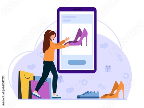Online shopping. Woman buys clothes and shoes online using an application on the phone. Vector illustration