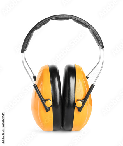 Protective headphones isolated on white. Safety equipment