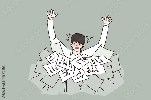 Anxious young man drowning in paper bills and bank notification. Unhappy worried male employee in pile of paperwork and documents. Deadline, workload problem. Flat vector illustration. 