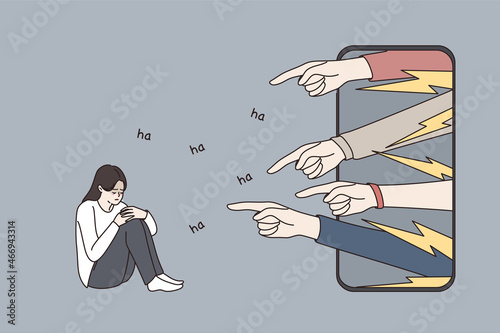 Unhappy distressed millennial girl feel depressed because of bad negative comments mocking online on smartphone chat. Depressed woman suffer from cyber bullying on social media. Vector illustration. 