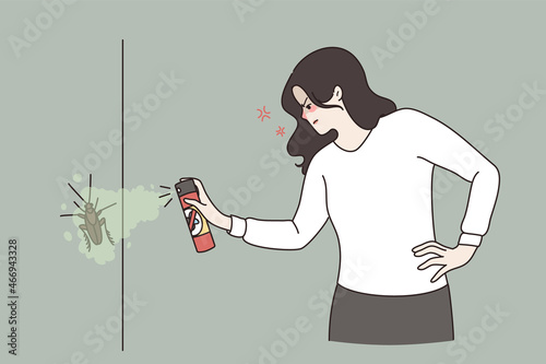 Angry woman use insecticide chemical spray kill cockroach at home. Unhappy mad female fight with insects bugs in apartment. Pest control, disinfection concept. Flat vector illustration. 