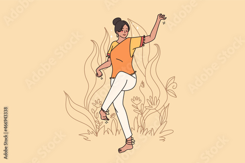 Happy young woman dancer in Indian clothes enjoy traditional dance outdoor in nature. Smiling girl show folk oriental movement gestures. India culture concept. Cartoon character, vector illustration. 