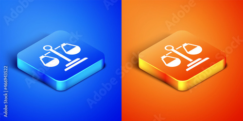 Isometric Scales of justice icon isolated on blue and orange background. Court of law symbol. Balance scale sign. Square button. Vector