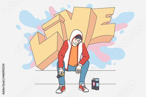 Smiling young man drawing painting graffiti with spray paint on street. Millennial generation z guy hipster make outdoor art. Hobby, artistic, subculture concept. Flat vector illustration. 