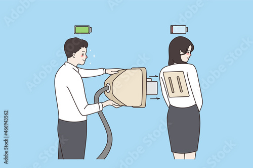 Happy energetic man put huge plug in socket to recharge tired unhappy woman colleague. Exhaustion at workplace. Job burnout problem. Businesspeople fatigue deal. Flat vector illustration. 
