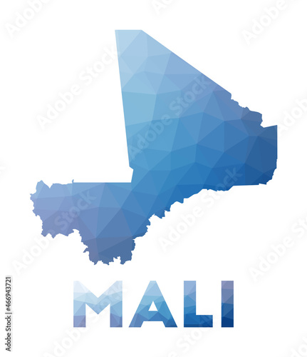 Low poly map of Mali. Geometric illustration of the country. Mali polygonal map. Technology, internet, network concept. Vector illustration.