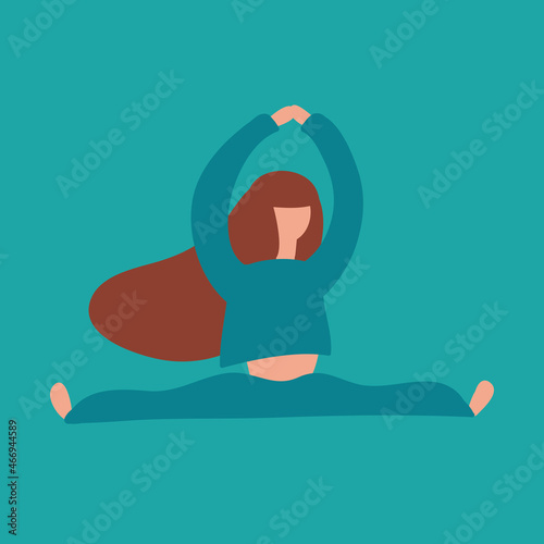 Young woman with long hair doing sports gymnastics stretching, simple female character