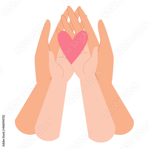 The hands of mom and daughter are holding a heart in their palms. The concept of a happy childhood, parenting, family, love, care and support. Vector illustration in flat style