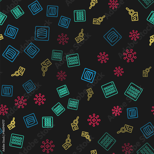 Set line Server, Data, Binary code, Photo retouching and Neural network on seamless pattern. Vector