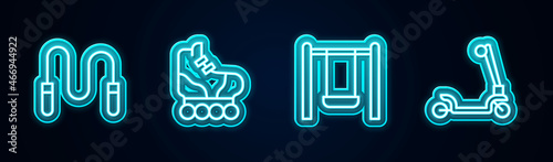 Set line Jump rope, Roller skate, Swing and scooter. Glowing neon icon. Vector