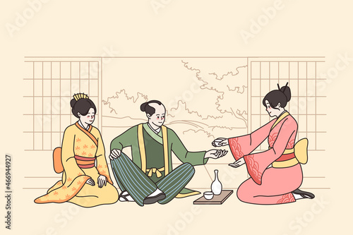 People in Japanese costumes sit on floor have traditional tea ceremony in cafe or restaurant. Men and women in oriental clothing enjoy Japan customs and culture. Flat vector illustration.