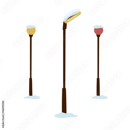 Set of street lamps. Lighting in the winter park. Vector illustration in flat style isolated on white background.
