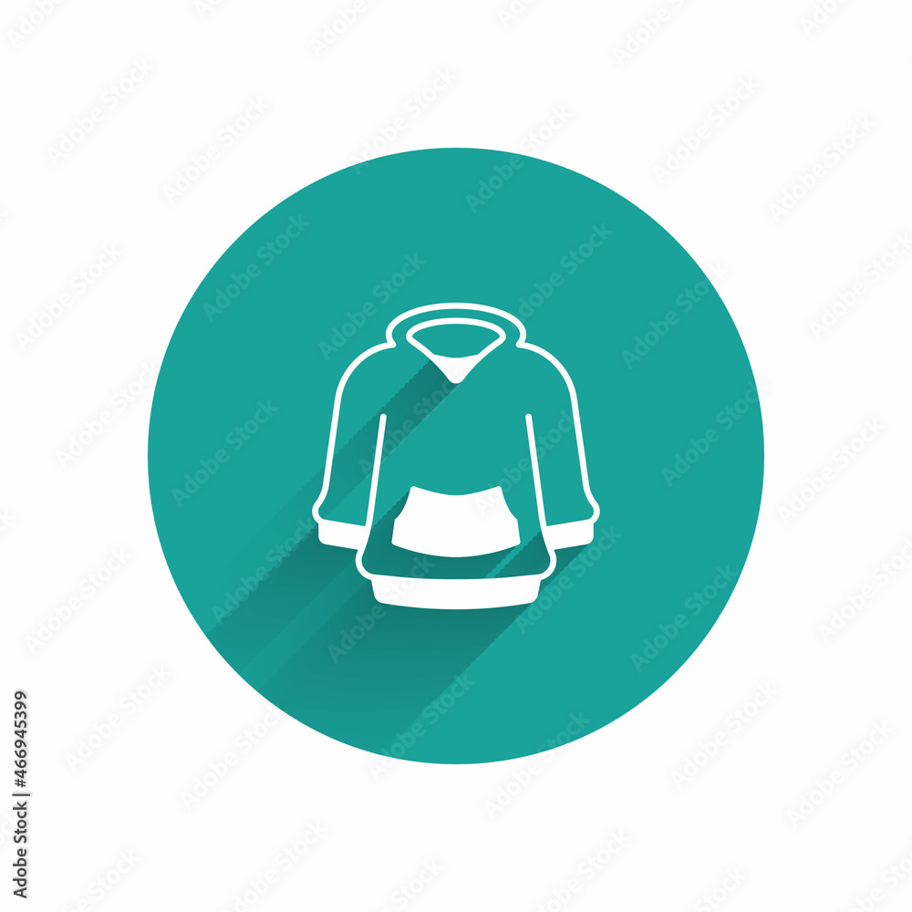 White Hoodie icon isolated with long shadow background. Hooded sweatshirt. Green circle button. Vector White Hoodie icon isolated with long shadow background. Hooded sweatshirt. Green circle button. Vector