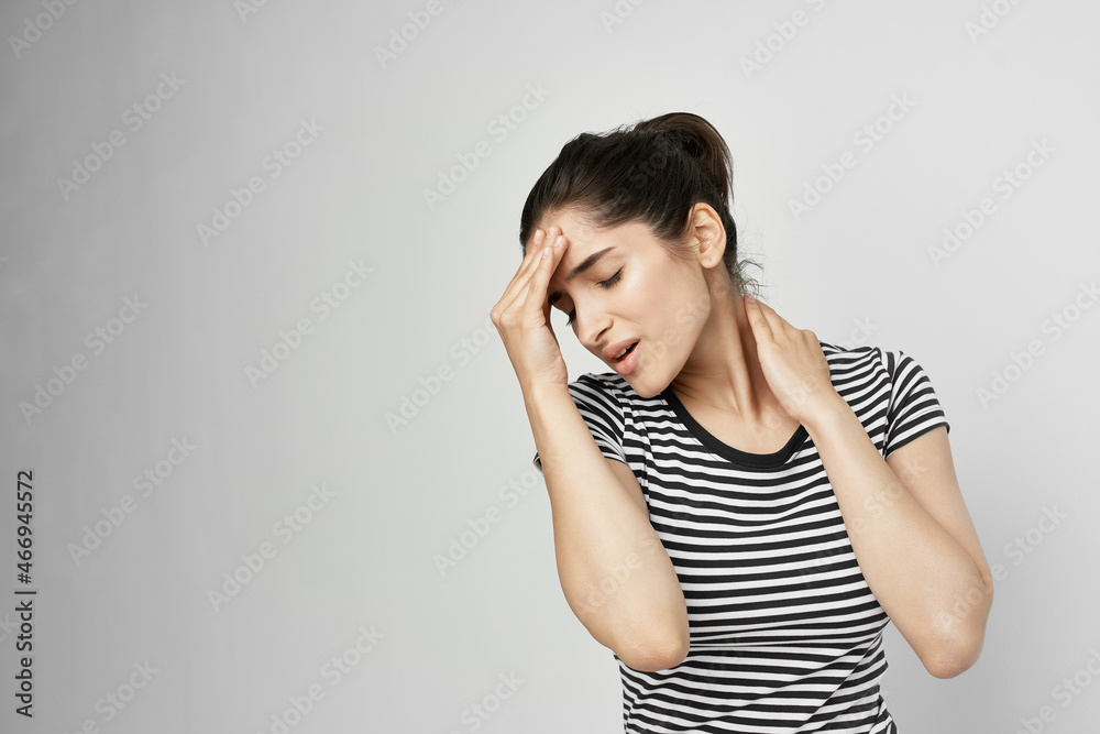 sick woman headache painful syndrome discomfort light background sick woman headache painful syndrome discomfort light background