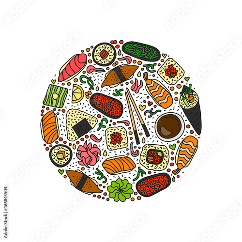 Doodle sushi and rolls in circle.