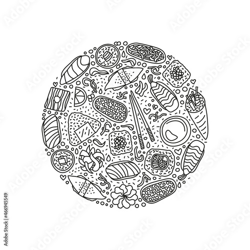 Doodle sushi and rolls in circle.