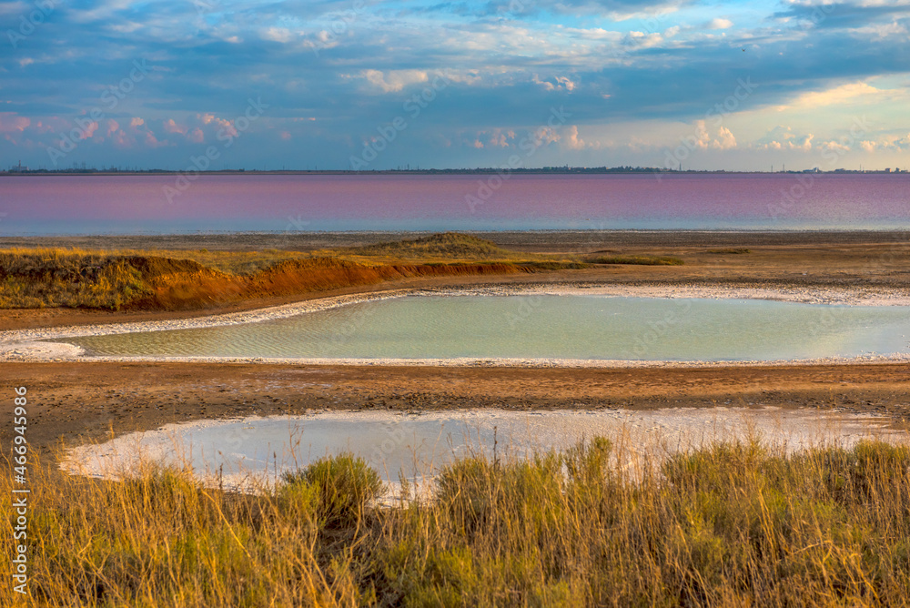 Sasyk Sivash  salt lake with pink water.