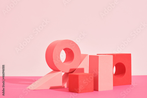 abstract pink color geometric podiums and stands on pink background, mockup for podium display or showcase,
