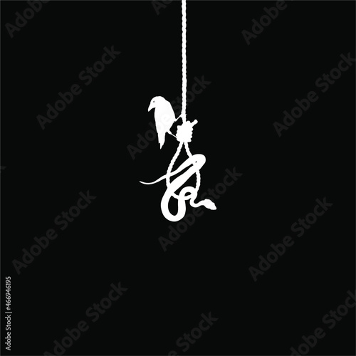 Gallows (Hanging Rope) Crow and Snake Silhouette. Dramatic, Creepy, Horror, Scary, Mystery, or Spooky Illustration. Illustration for Horror Movie or Halloween Poster Element. Vector Illustration