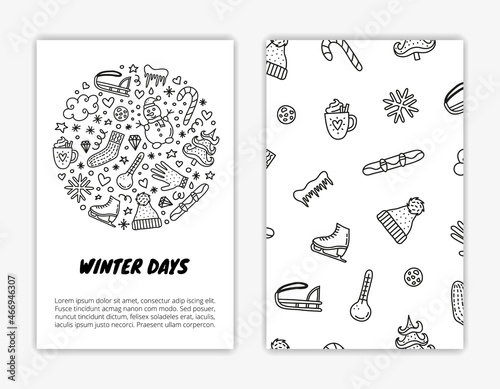 Card templates with doodle winter icons.