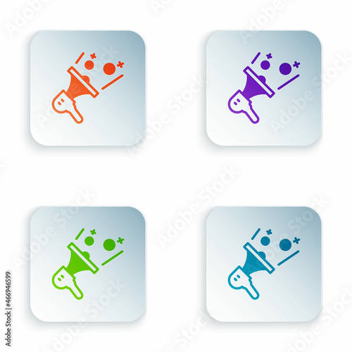 Color Female movement, feminist activist with banner and placards icon isolated on white background. Feminist rights movement, feminism sisterhood. Set colorful icons in square buttons. Vector