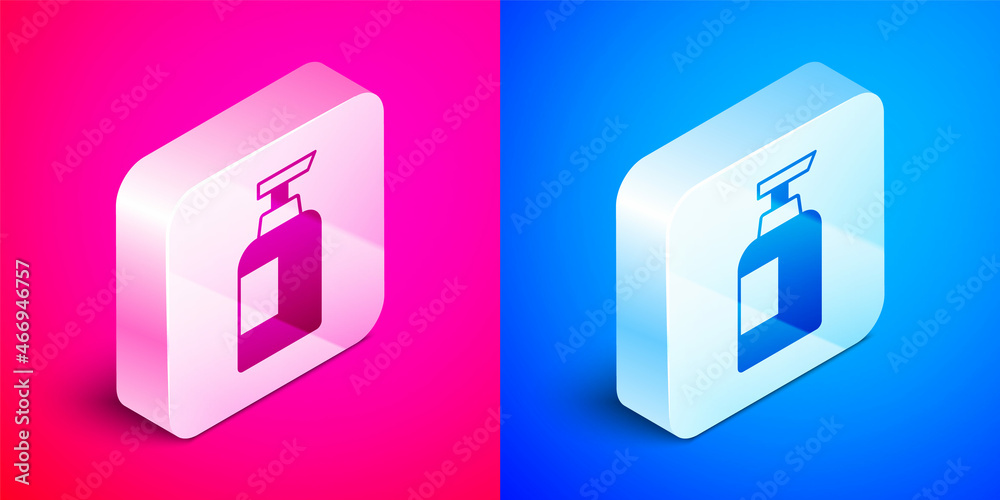 Isometric Bottle of shampoo icon isolated on pink and blue background. Silver square button. Vector Isometric Bottle of shampoo icon isolated on pink and blue background. Silver square button. Vector