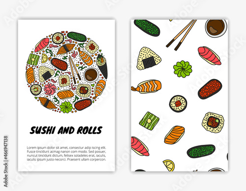 Card templates with sushi and rolls.
