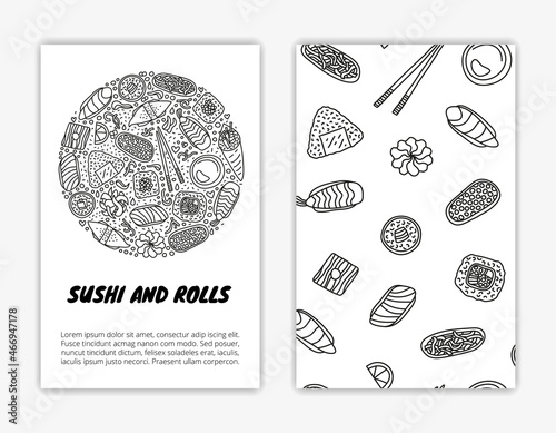 Card templates with sushi and rolls.