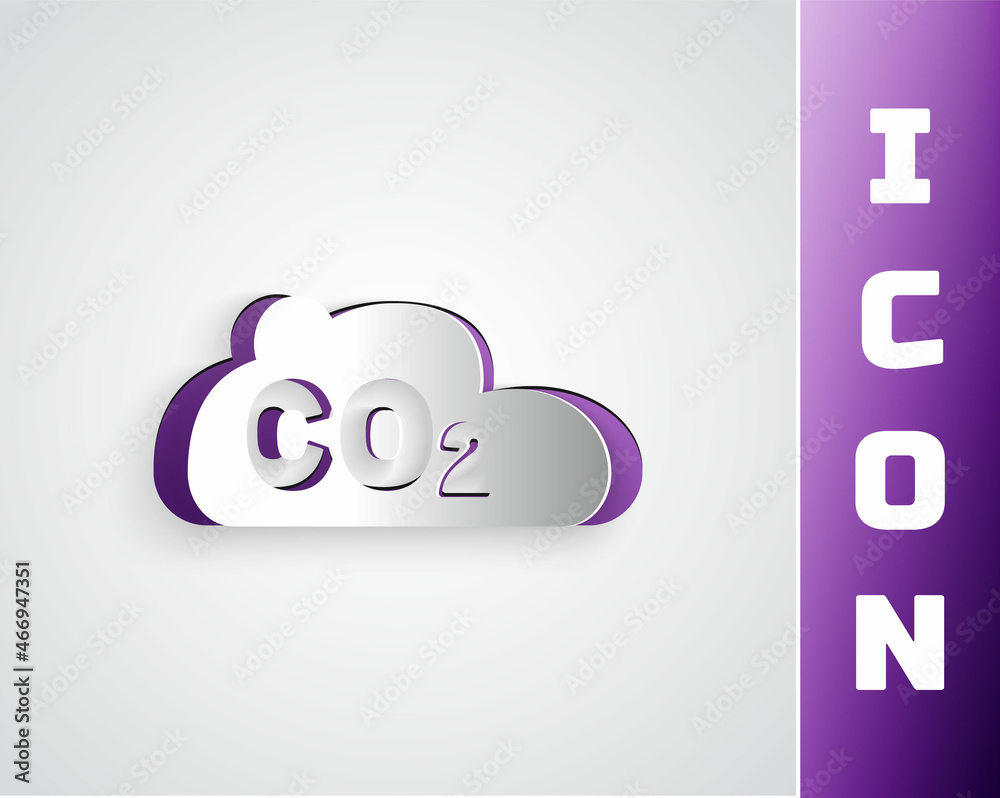 Paper cut CO2 emissions in cloud icon isolated on grey background. Carbon dioxide formula, smog pollution concept, environment concept. Paper art style. Vector