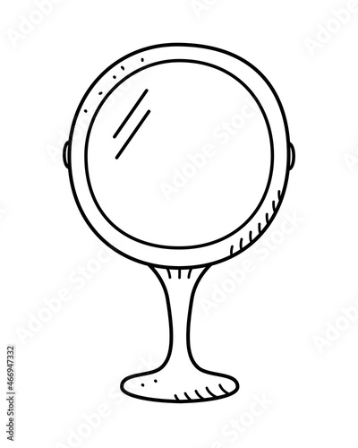 Desktop mirror for make up, vector web doodle mirror element on a stand for cosmetic procedures in the beauty salon or at home. The illustration is isolated on white.