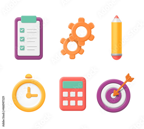 Project task management icons. Clipboard, checklist, gear, target, time planning tools 3d vector illustration