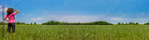 Female Woman Girl Runner in Green Field Panorama Web Banner