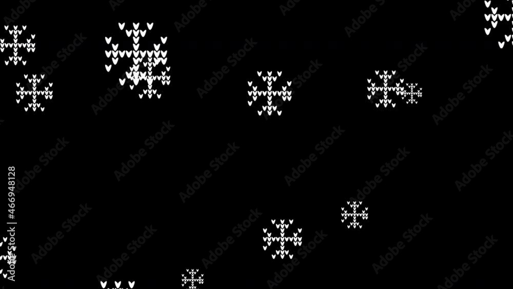 Animated knitted pattern snowflakes falling on black background. Animated knitted pattern snowflakes falling on black background.