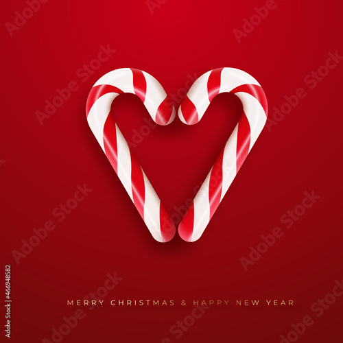 Realistic Christmas candy cane in the shape of a heart. Festive concept. New Year card, poster, banner or flyer
