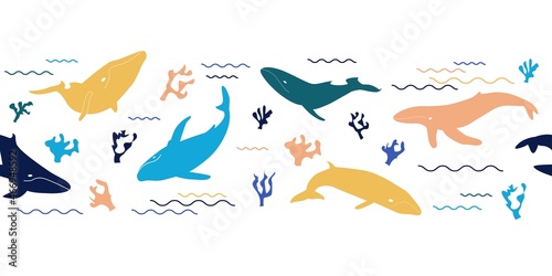 Fototapeta Naklejka Na Ścianę i Meble -  Seamless pattern of whales swimming among waves and corals. Ornament of silhouettes for design. Seamless border collection of underwater sea mammals with fins and tails. Vector isolated illustration.
