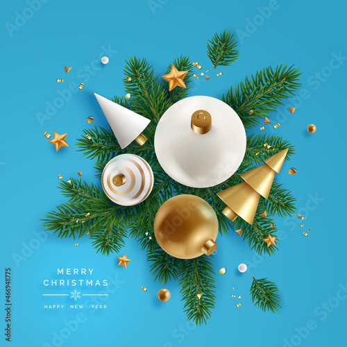 Background with christmas decor. New Year cone shaped trees, confetti, balls and branches. Minimal design christmas card, poster or banner