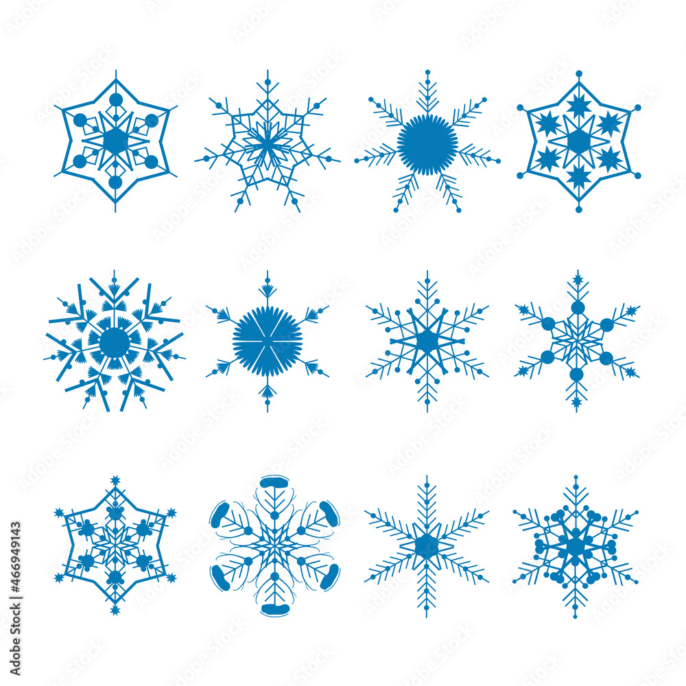 Set blue snowflake on a white background. Decor for Christmas and New Year design of cards, banners, websites, icons, events. Elegant geometric vector linear illustration Set blue snowflake on a white background. Decor for Christmas and New Year design of cards, banners, websites, icons, events. Elegant geometric vector linear illustration
