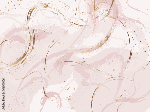Pink watercolor fluid painting design card. Dusty rose and golden marble geode frame. Spring wedding invitation. Pink alcohol ink. Dye splash style. Vector illustration.