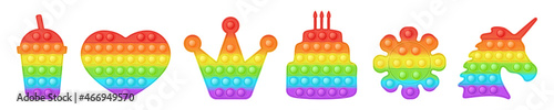 Set of birthday forms pop it a fashionable rainbow fidget toys. Addictive anti stress toy in bright colors. Bubble sensory trendy popit for kids. Vector illustration isolated on a white background.