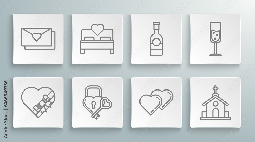 Set line Candy in heart shaped box and bow, Bedroom, Castle the of key, Two Linked Hearts, Church building, Champagne bottle, Glass champagne and Envelope with Valentine icon. Vector Set line Candy in heart shaped box and bow, Bedroom, Castle the of key, Two Linked Hearts, Church building, Champagne bottle, Glass champagne and Envelope with Valentine icon. Vector