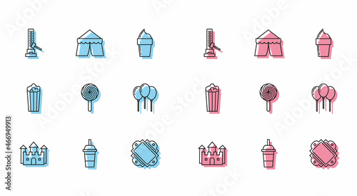 Set line Castle, Paper glass with drinking straw and water, High striker attraction big hammer, Ticket, Lollipop, Balloons ribbon, Popcorn cardboard box and Circus tent icon. Vector