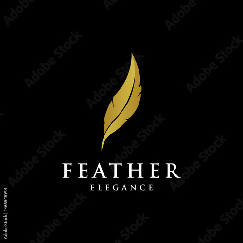 gold logo with feathers for writers or publishers. Template on a black background. Vector illustration