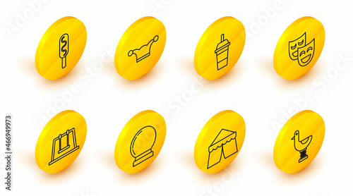 Set line Riding kid duck, Circus tent, Magic ball, Swing, Comedy theatrical masks, Paper glass with drinking straw and water, Jester hat bells and Corn dog icon. Vector