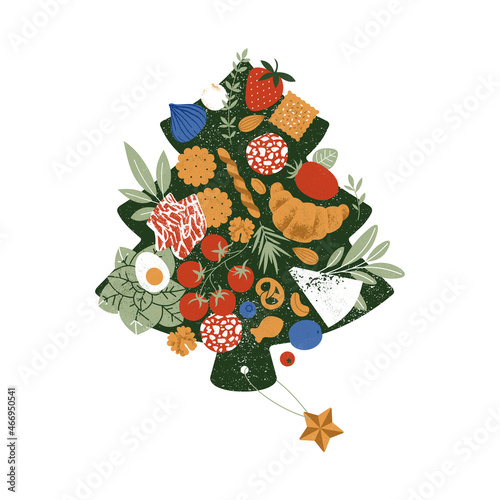Charcuterie board illustration. Christmas tree shape. Appetizers board with various food. Catering composition. . Vector illustration