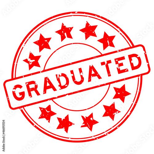 Grunge red graduated word with star icon round rubber seal stamp on white background