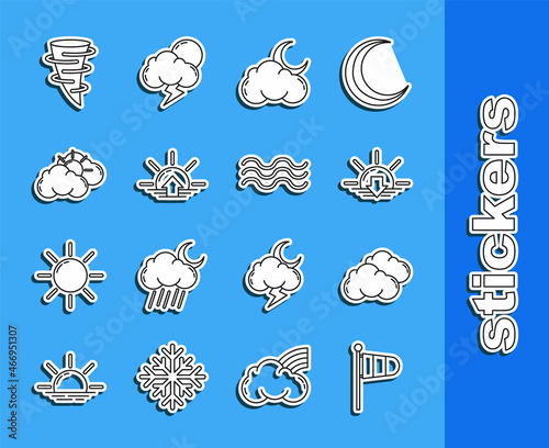 Set line Cone meteorology windsock wind vane, Cloud, Sunset, with moon and stars, Sunrise, cloud weather, Tornado and Waves icon. Vector © Oksana