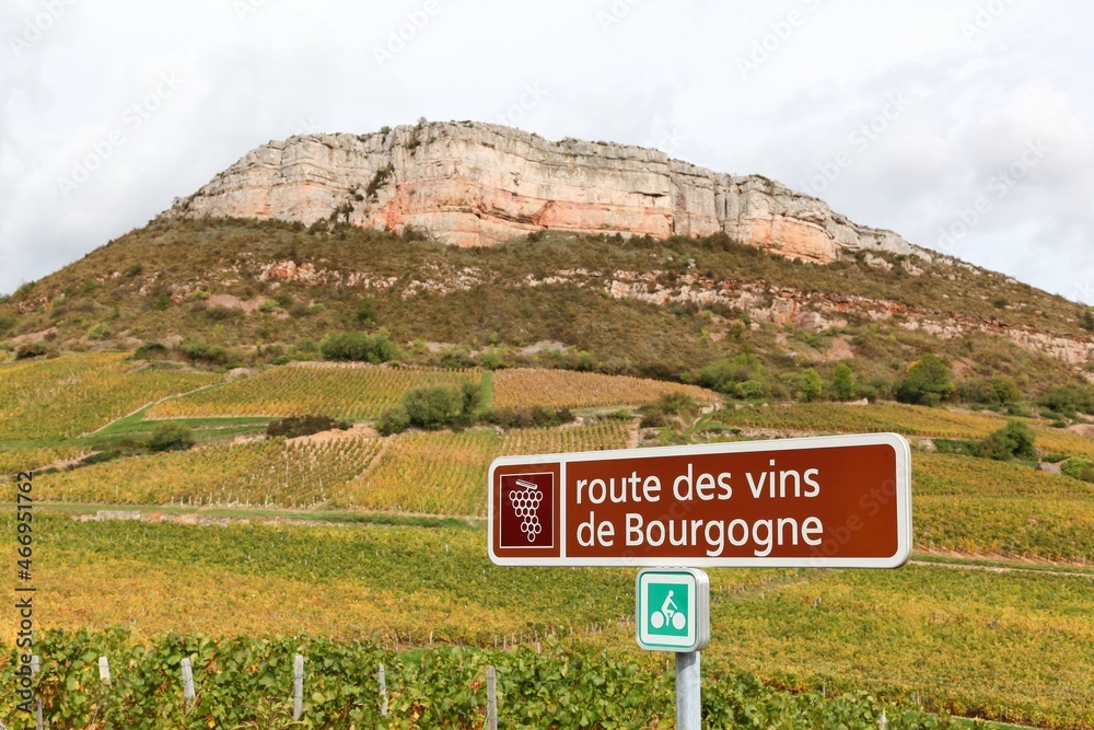 Route of Burgundy wine road sign in Vergisson, France Route of Burgundy wine road sign in Vergisson, France