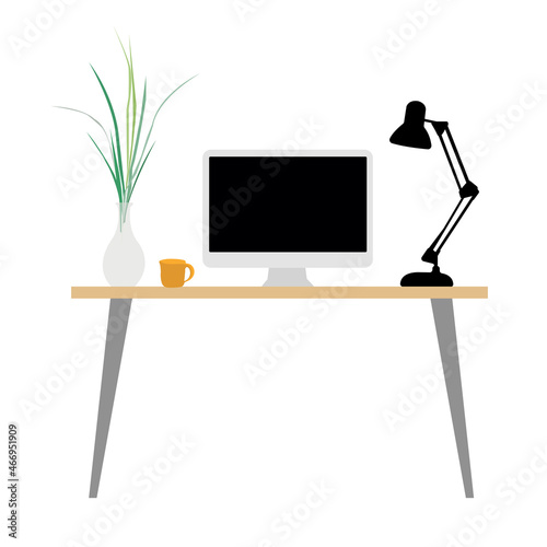 Modern work table with computer, lamp, furniture interior decor design for office or home apartment vector illustration. Cartoon desk workplace isolated on white